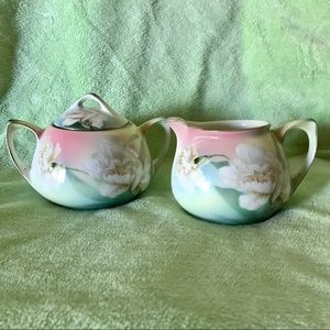 Antique RS Germany Peony Sugar Bowl and Creamer Set